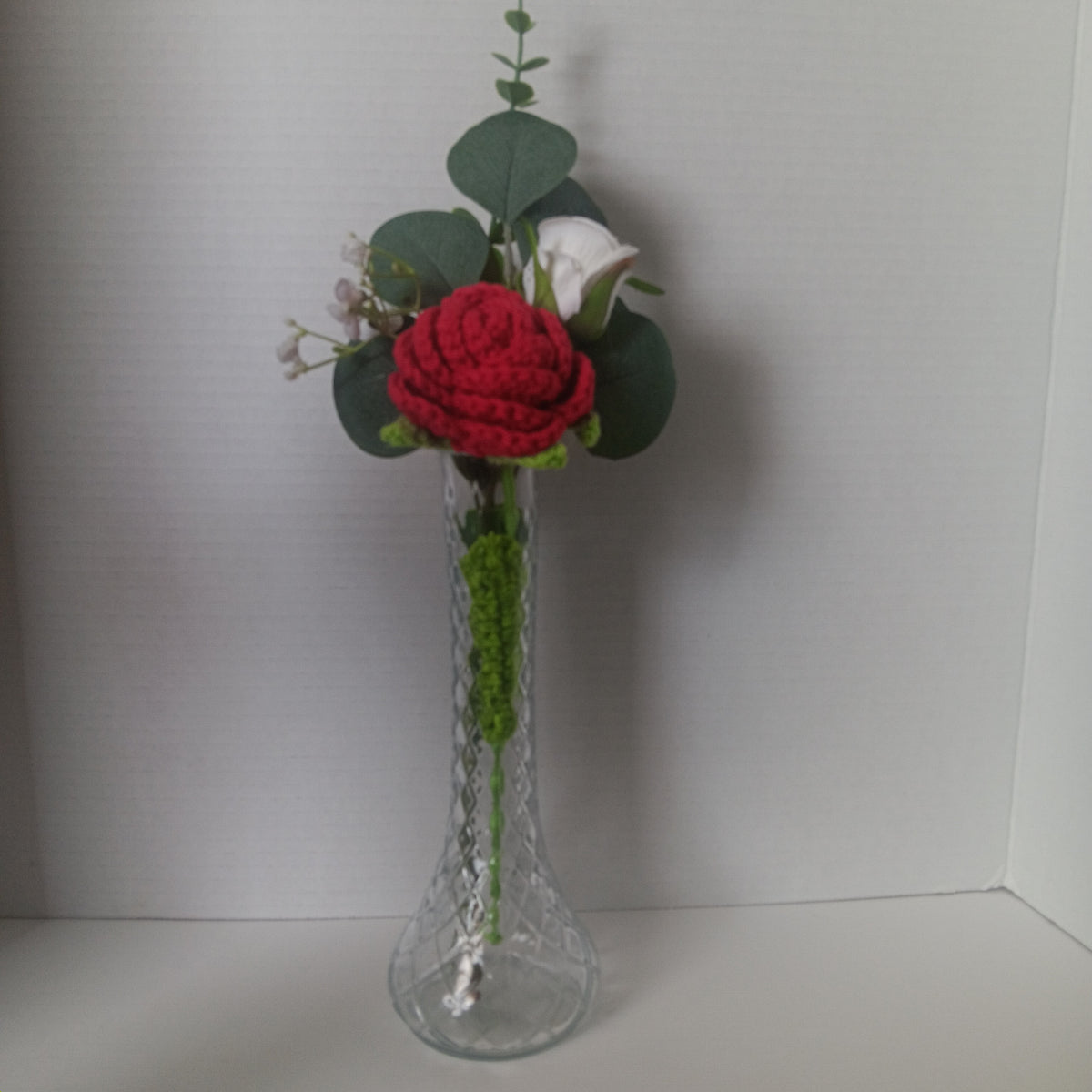 Crochet Flower Vase - Red Rose