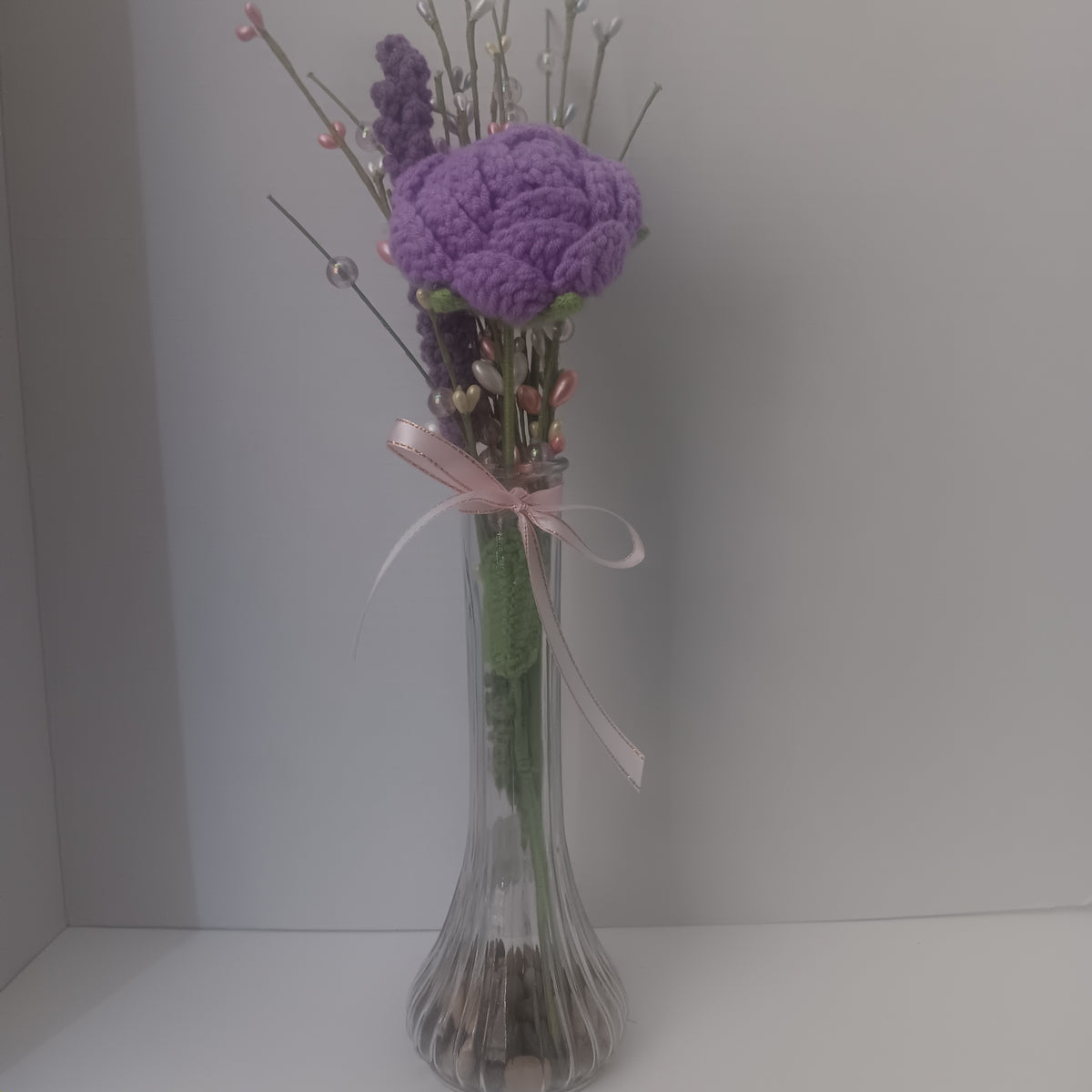 Crochet Flower Vase - Purple Rose w/ hearts