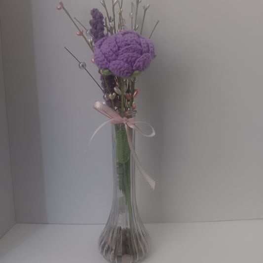 Crochet Flower Vase - Purple Rose w/ hearts